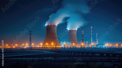 Nighttime Nuclear Energy Plant: Illuminated Industrial Power Generation Facility