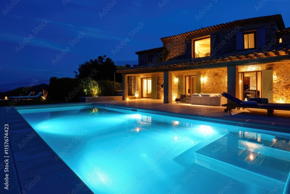 Nighttime Oasis: Luxury Estate with Illuminated Swimming Pool and Skyline Nighttime Oasis: Luxury Estate with Illuminated Swimming Pool and Skyline