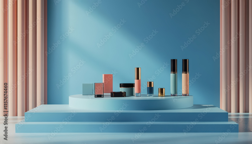 Fototapeta premium Elegant Cosmetics Display on Blue Platform Pastel Colors Beauty Products