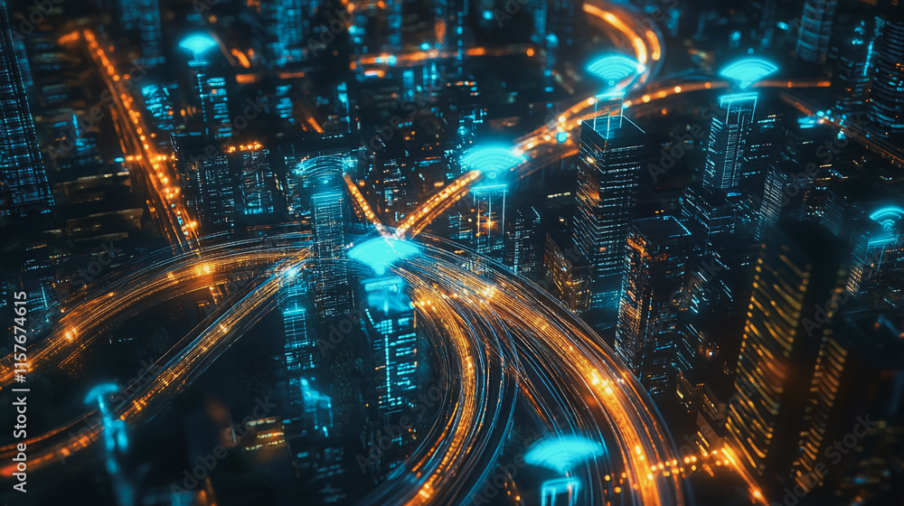 Fototapeta premium Smart digital Innovation city with connection network reciprocity over the cityscape. of future smart wireless digital city and social media networking systems that connects people with in city