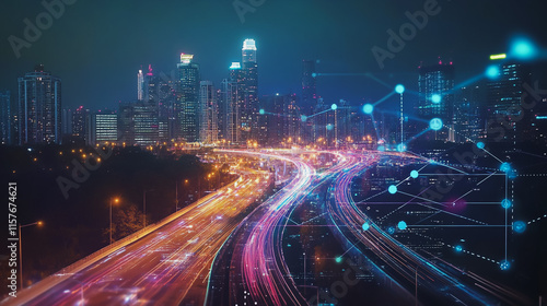 Smart digital Innovation city with connection network reciprocity over the cityscape. of future smart wireless digital city and social media networking systems that connects people with in city