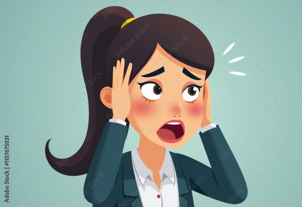 A woman in a business suit looks shocked and covers her ears with her hands.