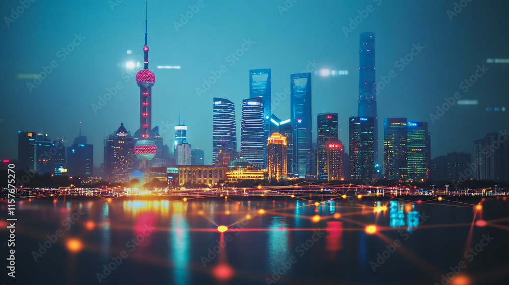 Obraz premium Smart digital Innovation city with connection network reciprocity over the cityscape. of future smart wireless digital city and social media networking systems that connects people with in city