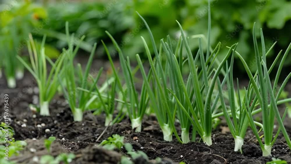 close up of fresh green onion growing in the summer garden close up of fresh green onion growing in the summer garden