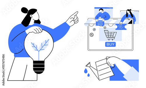 Person with a lightbulb points to online shopping cart with cash back offers, and watering can pouring water. Ideal for e-commerce, innovation, financial incentives, shopping, online business, growth