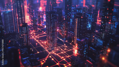 Smart digital Innovation city with connection network reciprocity over the cityscape. of future smart wireless digital city and social media networking systems that connects people with in city