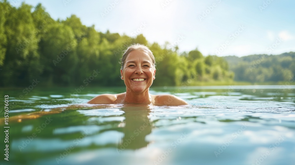 Fototapeta premium Happy Woman Swimming in a Serene Lake Surrounded by Lush Green Nature