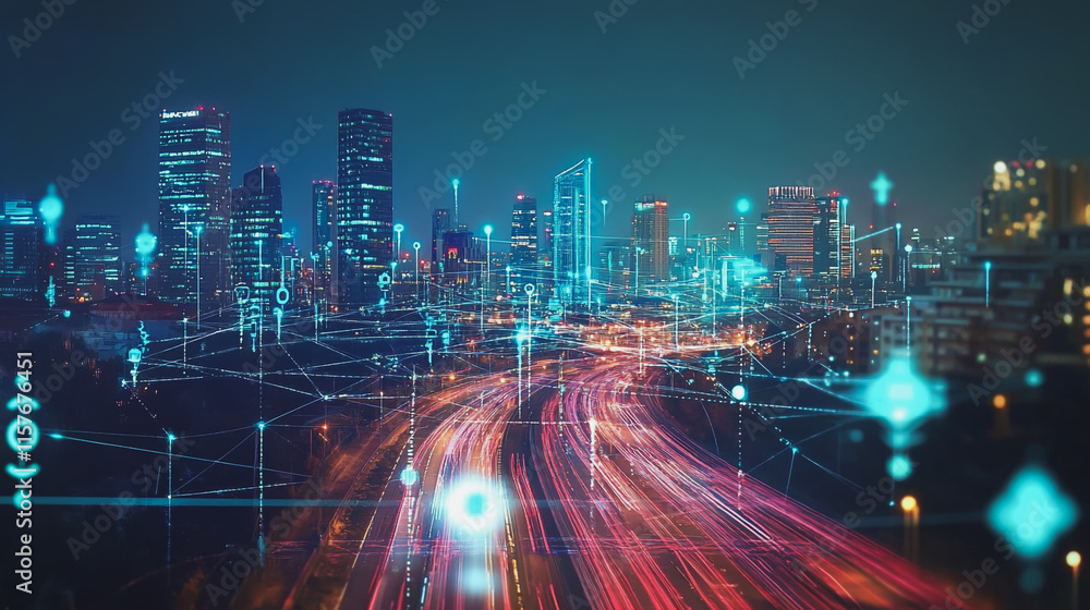 Fototapeta premium Smart digital Innovation city with connection network reciprocity over the cityscape. of future smart wireless digital city and social media networking systems that connects people with in city