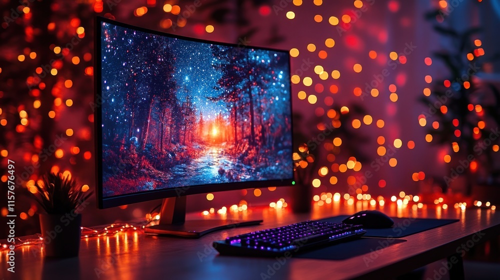 A cozy workspace featuring a vibrant monitor and ambient lighting. A cozy workspace featuring a vibrant monitor and ambient lighting.