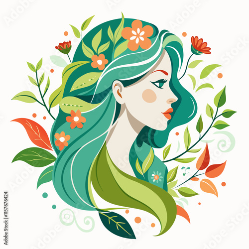 Elegant Woman Profile with Floral Hair – vector art illustration