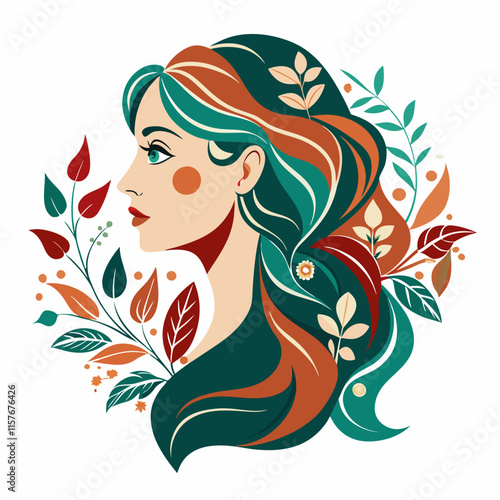 Elegant Woman Profile with Floral Hair – vector art illustration