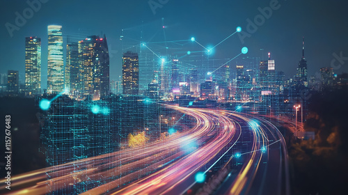 Wallpaper Mural Smart digital Innovation city with connection network reciprocity over the cityscape. of future smart wireless digital city and social media networking systems that connects people with in city Torontodigital.ca