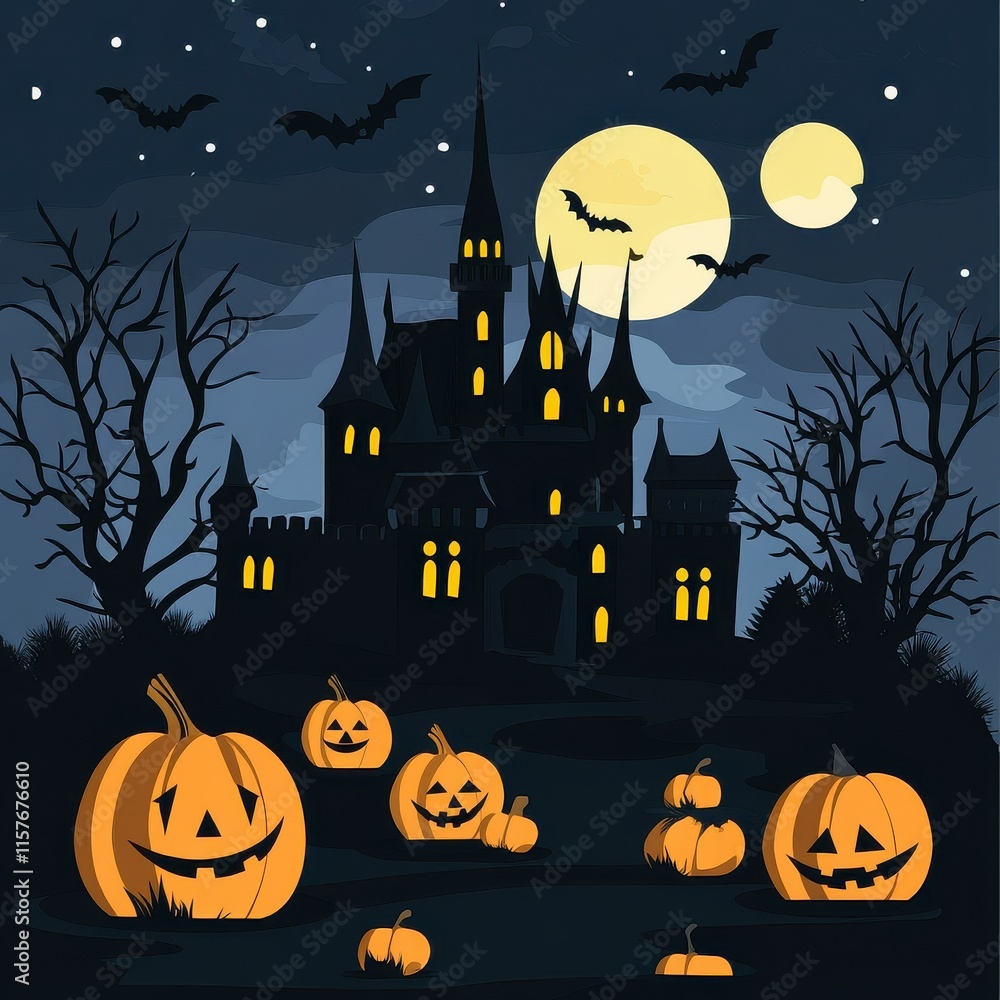 Fototapeta premium A spooky Halloween scene featuring a castle, glowing pumpkins, and bats under a full moon.