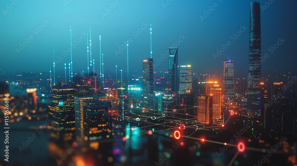 Smart digital Innovation city with connection network reciprocity over the cityscape. of future smart wireless digital city and social media networking systems that connects people with in city Smart digital Innovation city with connection network reciprocity over the cityscape. of future smart wireless digital city and social media networking systems that connects people with in city