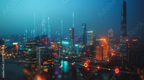 Wallpaper Mural Smart digital Innovation city with connection network reciprocity over the cityscape. of future smart wireless digital city and social media networking systems that connects people with in city Torontodigital.ca