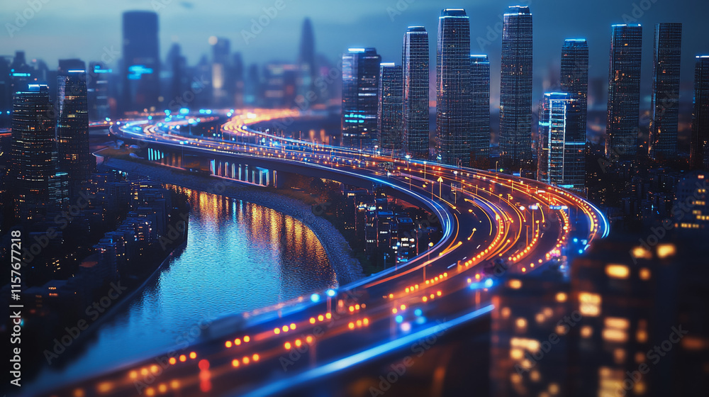 Fototapeta premium Smart digital Innovation city with connection network reciprocity over the cityscape. of future smart wireless digital city and social media networking systems that connects people with in city