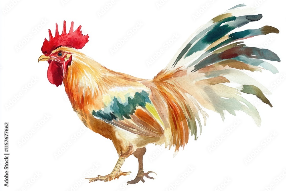 Fototapeta premium Watercolor illustration of a proud rooster standing on a clean white surface