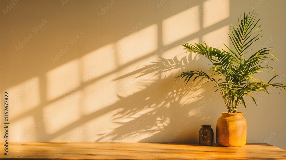 Sunlight illuminates a wooden surface with a potted palm plant. Sunlight illuminates a wooden surface with a potted palm plant.