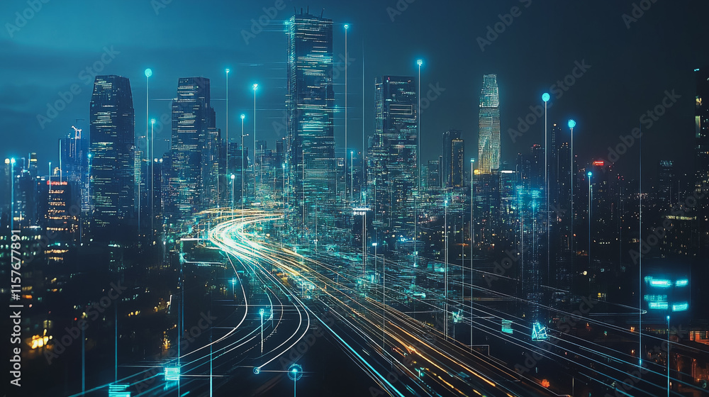 Naklejka premium Smart digital Innovation city with connection network reciprocity over the cityscape. of future smart wireless digital city and social media networking systems that connects people with in city