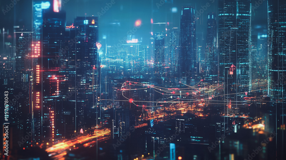 Smart digital Innovation city with connection network reciprocity over the cityscape. of future smart wireless digital city and social media networking systems that connects people with in city Smart digital Innovation city with connection network reciprocity over the cityscape. of future smart wireless digital city and social media networking systems that connects people with in city