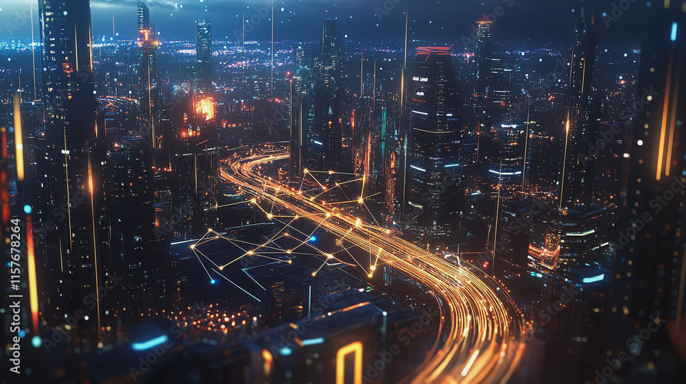 Smart digital Innovation city with connection network reciprocity over the cityscape. of future smart wireless digital city and social media networking systems that connects people with in city Smart digital Innovation city with connection network reciprocity over the cityscape. of future smart wireless digital city and social media networking systems that connects people with in city