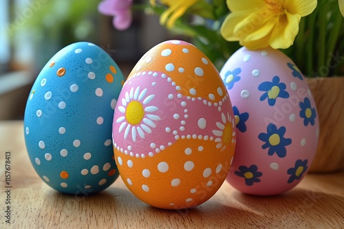 Three decorated Easter eggs placed beside a vase of colorful flowers photo