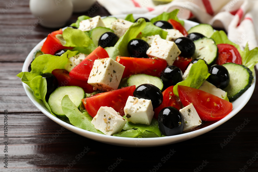 Delicious salad with feta cheese on wooden table, closeup Delicious salad with feta cheese on wooden table, closeup