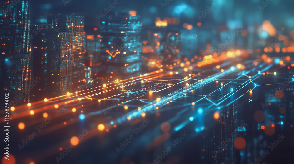 Fototapeta premium Smart digital Innovation city with connection network reciprocity over the cityscape. of future smart wireless digital city and social media networking systems that connects people with in city