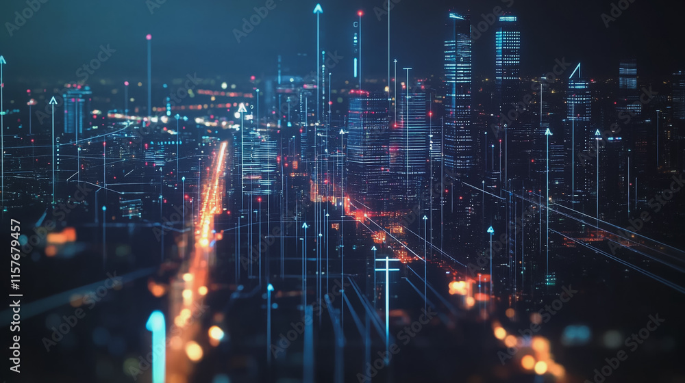 Fototapeta premium Smart digital Innovation city with connection network reciprocity over the cityscape. of future smart wireless digital city and social media networking systems that connects people with in city