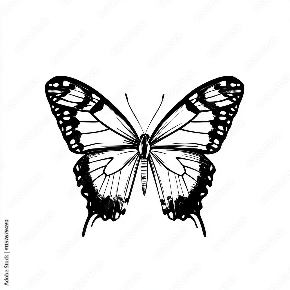 Intricate black and white illustration of a butterfly showcasing delicate wings and fine details. Intricate black and white illustration of a butterfly showcasing delicate wings and fine details.
