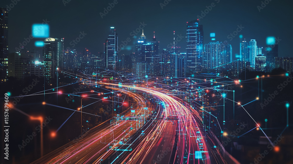 Fototapeta premium Smart digital Innovation city with connection network reciprocity over the cityscape. of future smart wireless digital city and social media networking systems that connects people with in city