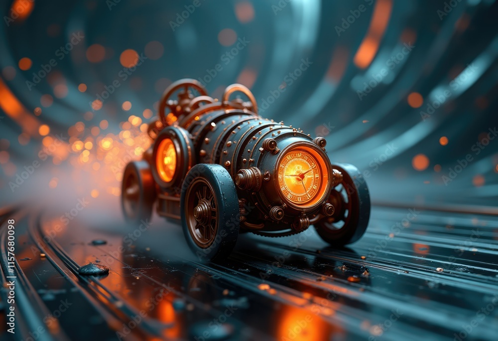 A steampunk style car with a clock face on the side speeding along a dark track. A steampunk style car with a clock face on the side speeding along a dark track.