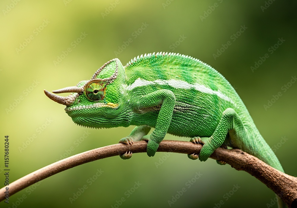 Fototapeta premium A close-up of a green chameleon gracefully perched on a thin tree branch