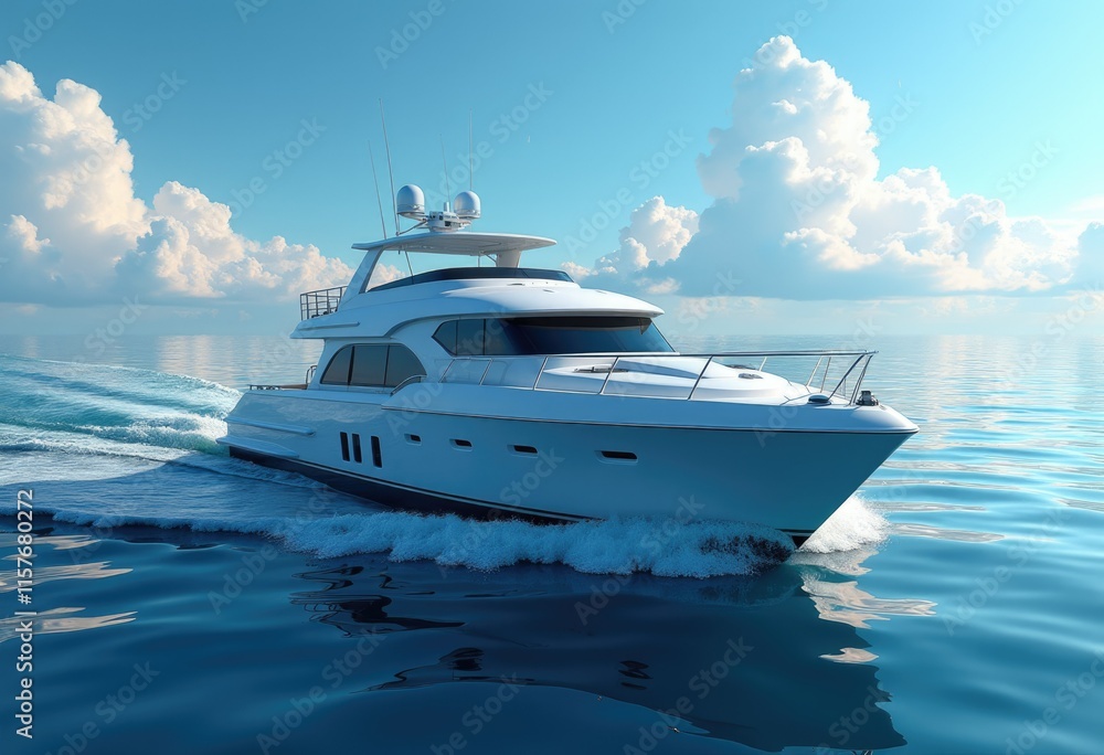 A white yacht cruises on a calm ocean under a blue sky with fluffy clouds. A white yacht cruises on a calm ocean under a blue sky with fluffy clouds.