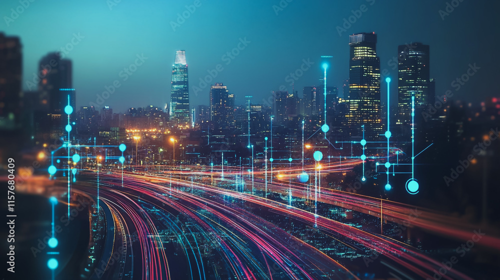 Fototapeta premium Smart digital Innovation city with connection network reciprocity over the cityscape. of future smart wireless digital city and social media networking systems that connects people with in city