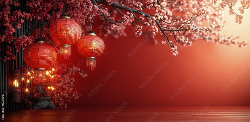 Fototapeta premium Beautiful red lanterns hanging amidst blooming cherry blossoms in a serene setting