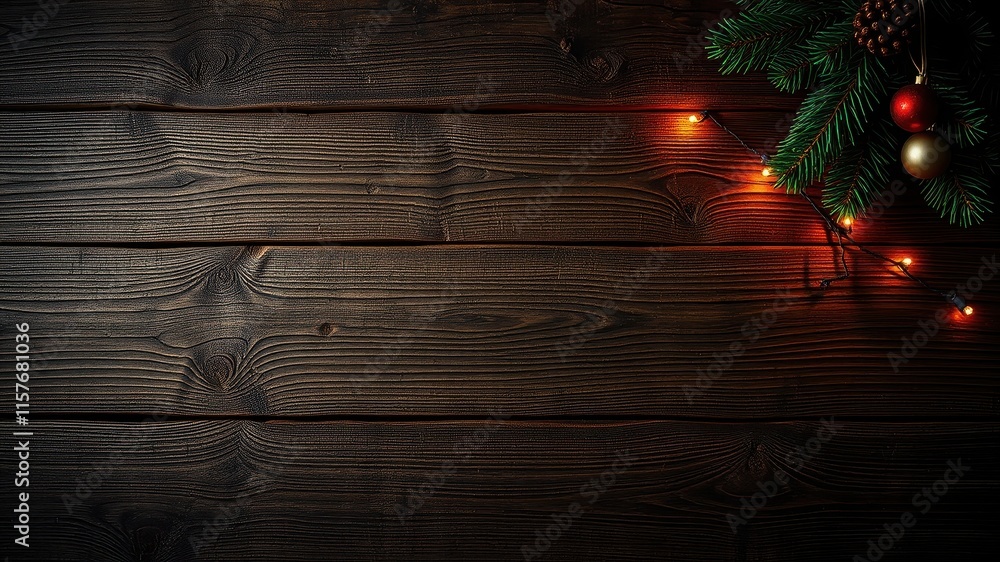 Dark Wooden Background with Festive Evergreen Branch and Lights Dark Wooden Background with Festive Evergreen Branch and Lights