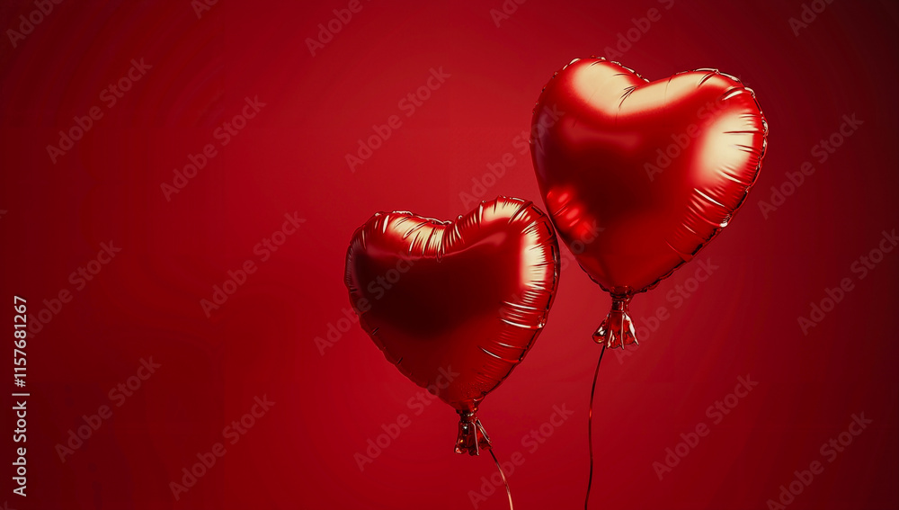 Valentine's Day Two Heart Shaped Balloons on Red Background Valentine's Day Two Heart Shaped Balloons on Red Background
