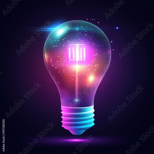 A vibrant, futuristic light bulb glowing with colorful energy sparks against a dark background.