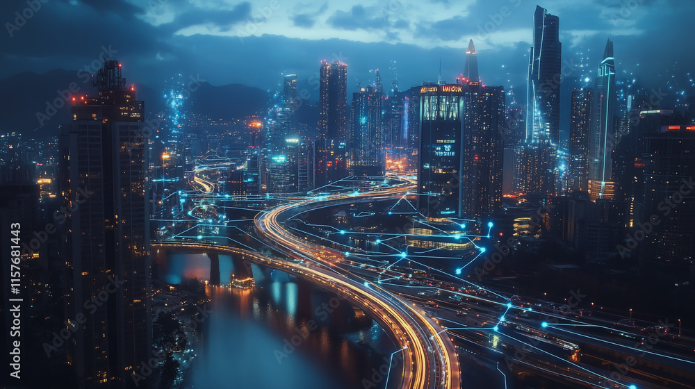 Fototapeta premium Smart digital Innovation city with connection network reciprocity over the cityscape. of future smart wireless digital city and social media networking systems that connects people with in city