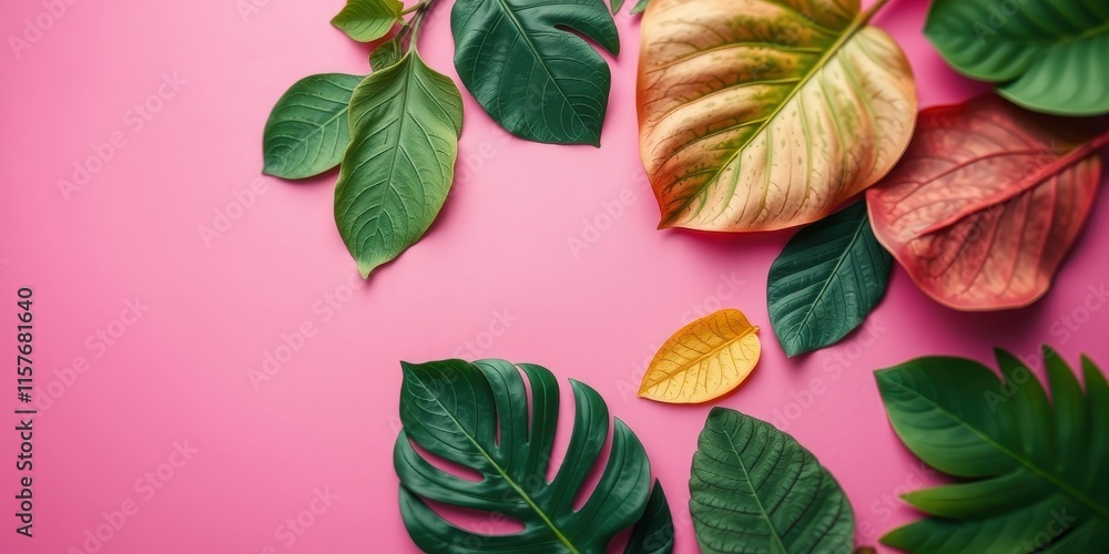 Naklejka premium Vibrant Tropical Leaves Arranged on a Pink Background, Ideal for Summer Designs and Nature-Inspired Projects