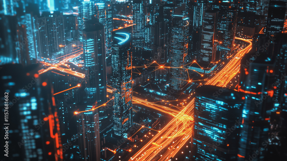 Smart digital Innovation city with connection network reciprocity over the cityscape. of future smart wireless digital city and social media networking systems that connects people with in city Smart digital Innovation city with connection network reciprocity over the cityscape. of future smart wireless digital city and social media networking systems that connects people with in city