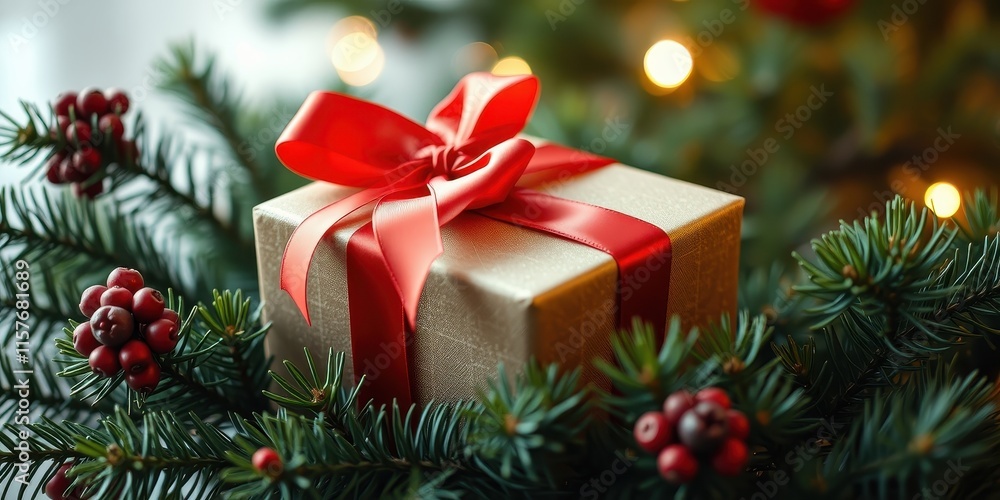 A festive gift box adorned with a vibrant red ribbon nestled amongst lush evergreen boughs and glistening red berries. A festive gift box adorned with a vibrant red ribbon nestled amongst lush evergreen boughs and glistening red berries.