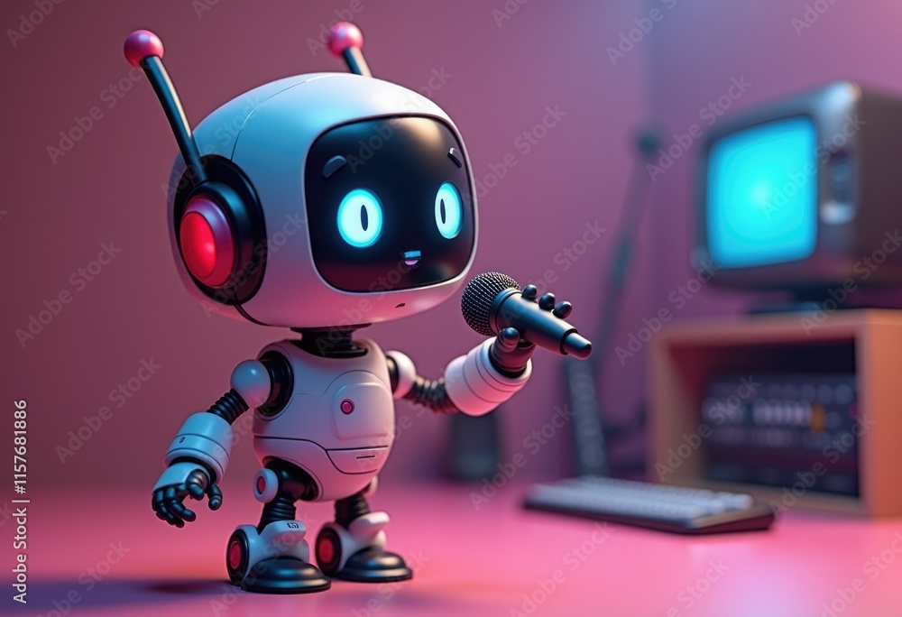 Naklejka premium A cute robot holds a microphone and sings in front of a computer.