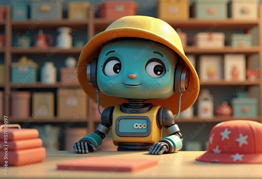 A friendly robot with a yellow hat and headphones sits at a table in a shop. A friendly robot with a yellow hat and headphones sits at a table in a shop.