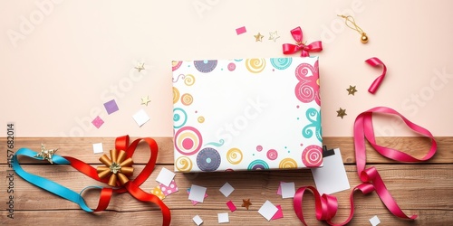 A Festive Gift Wrapped in Colorful Abstract Design with Ribbons and Confetti on Wooden Surface