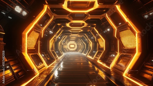 A stylized honeycomb structure, hexagons with sharp metallic edges, glowing amber interiors, futuristic vibe. 