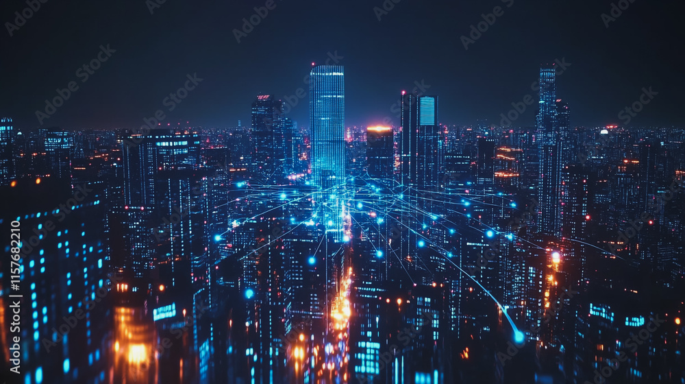 Fototapeta premium Smart digital Innovation city with connection network reciprocity over the cityscape. of future smart wireless digital city and social media networking systems that connects people with in city