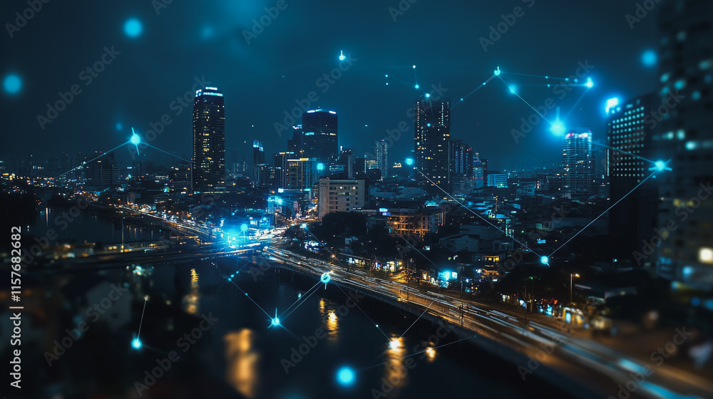Fototapeta premium Smart digital Innovation city with connection network reciprocity over the cityscape. of future smart wireless digital city and social media networking systems that connects people with in city