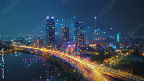 Smart digital Innovation city with connection network reciprocity over the cityscape. of future smart wireless digital city and social media networking systems that connects people with in city